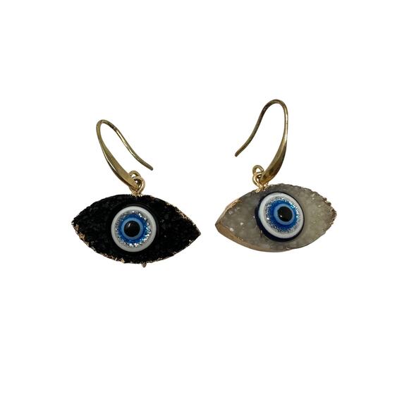 Evil Eye Drop Earring Set Black White Druzy Gold Tone Metal - Picture 1 of 2